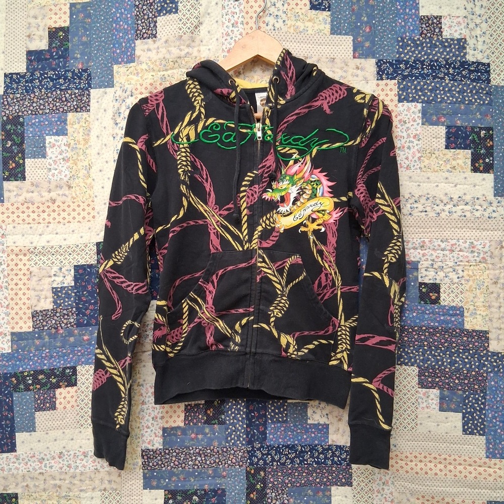 Y2K Ed Hardy Christian Audigier Skull and Rope AOP Full Zip Hoodie Womens Small